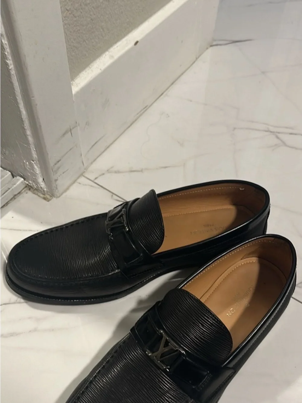 Louis Vuitton Black Leather Logo-Accent Slip-On Loafers